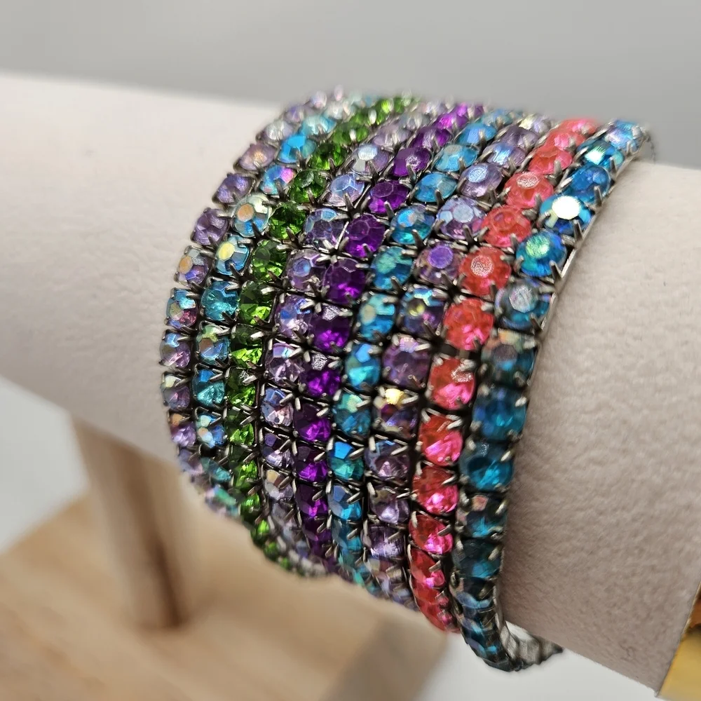 Rainbow Iridescent Rhinestone Stretch Thin Bracelet Set of 9 Purple Pink Green